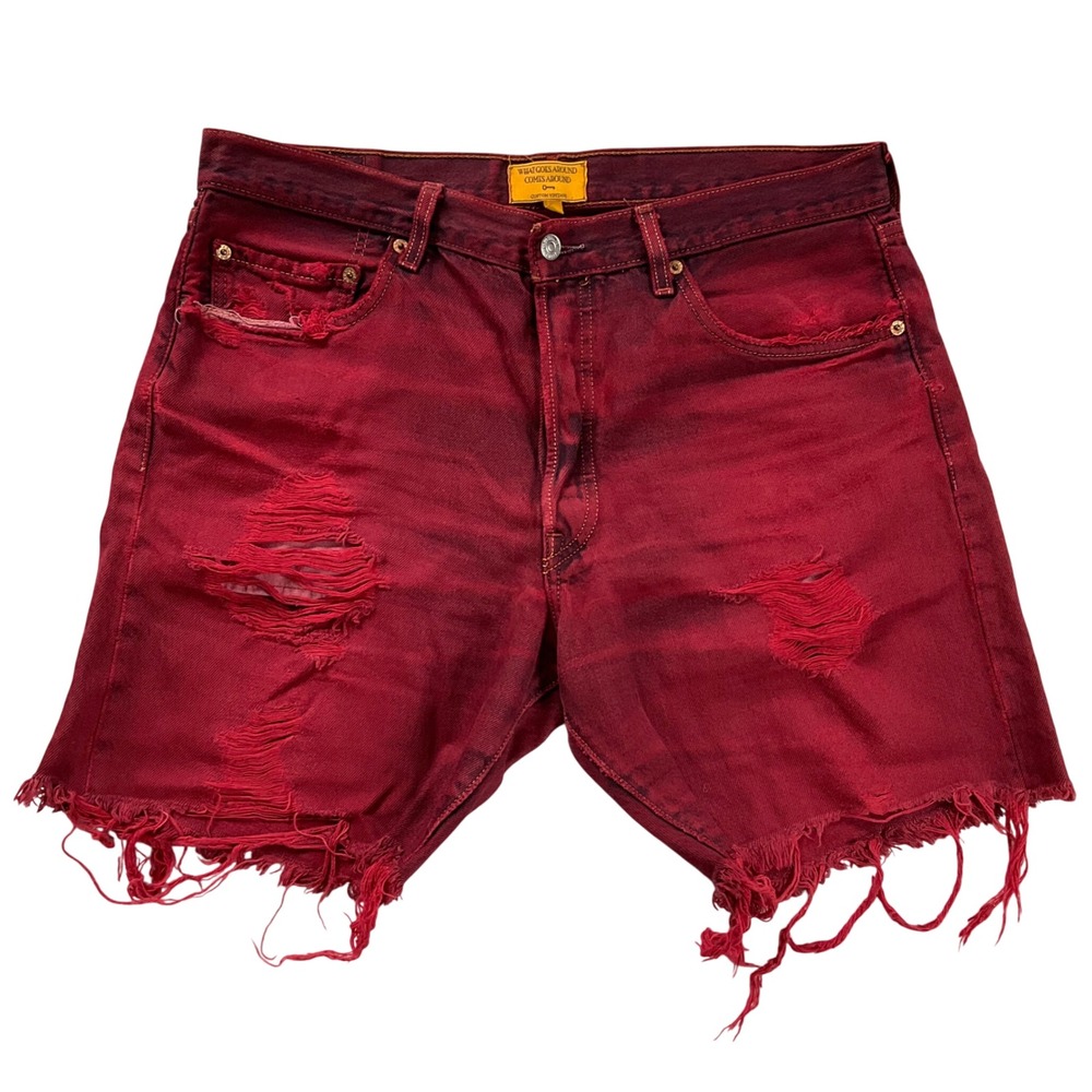 Vintage Levi's 501 Reworked WGACA Red Custom Distressed Jorts Denim Shorts L W36